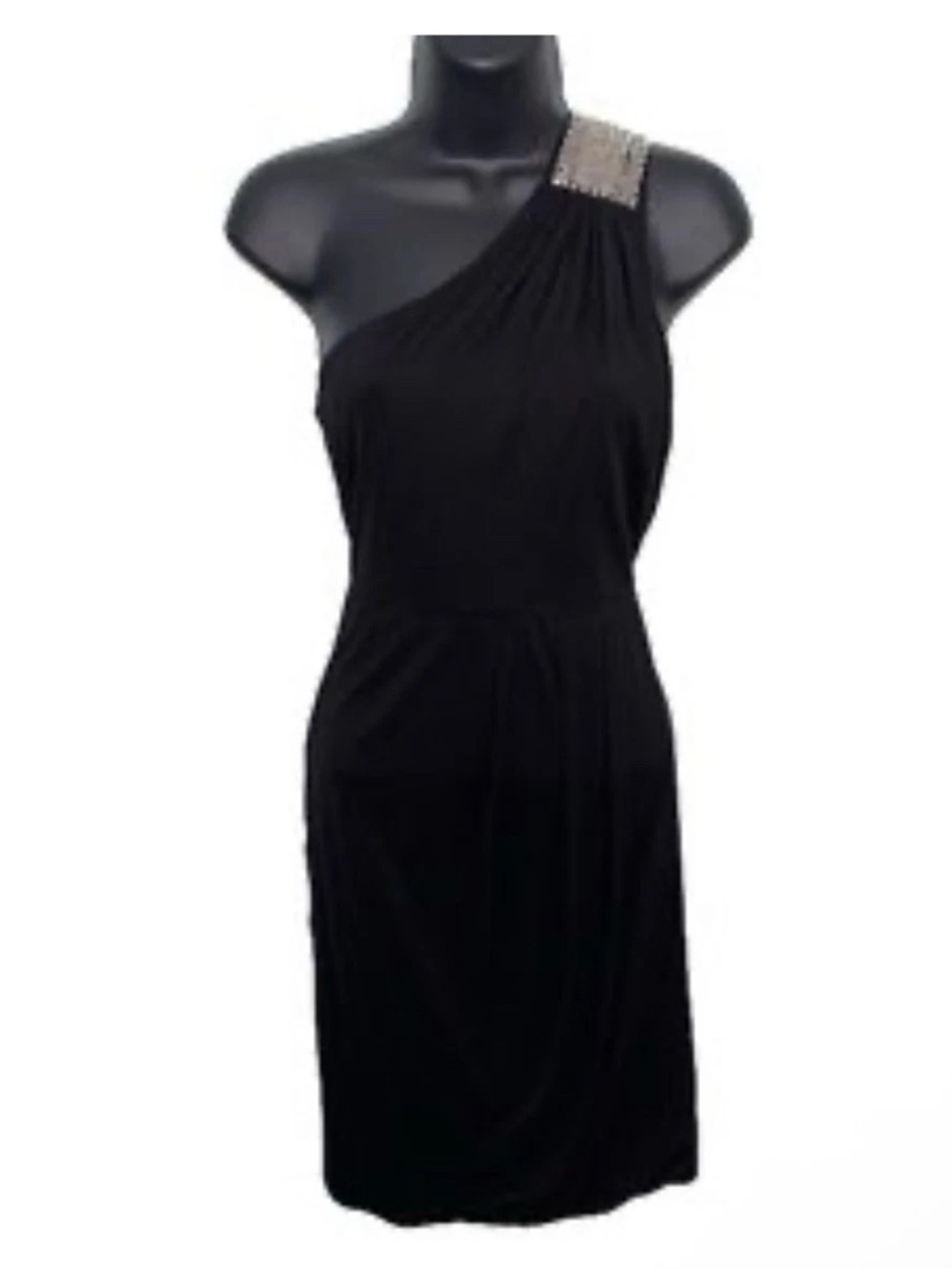 Glint Societé Silk Beaded One Shoulder Black Faux Wrap Drapey Dress - Size M